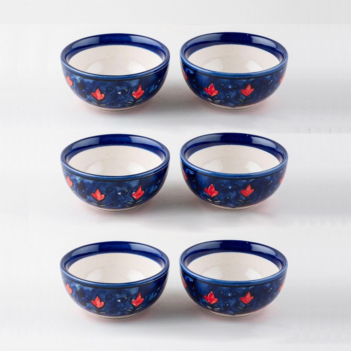 Blooming Plants Red & Blue Ceramic Katori Bowl / Portion Bowl