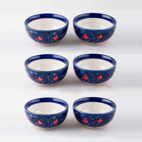 Blooming Plants Red & Blue Ceramic Katori Bowl / Portion Bowl