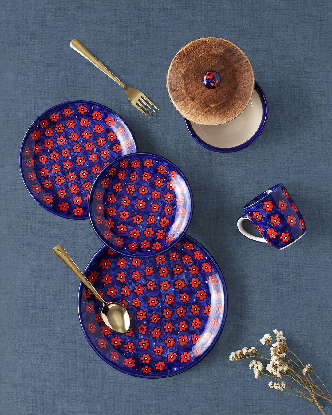 Floral Red and Blue Hand-Painted 6-Piece Ceramic Dinner Set