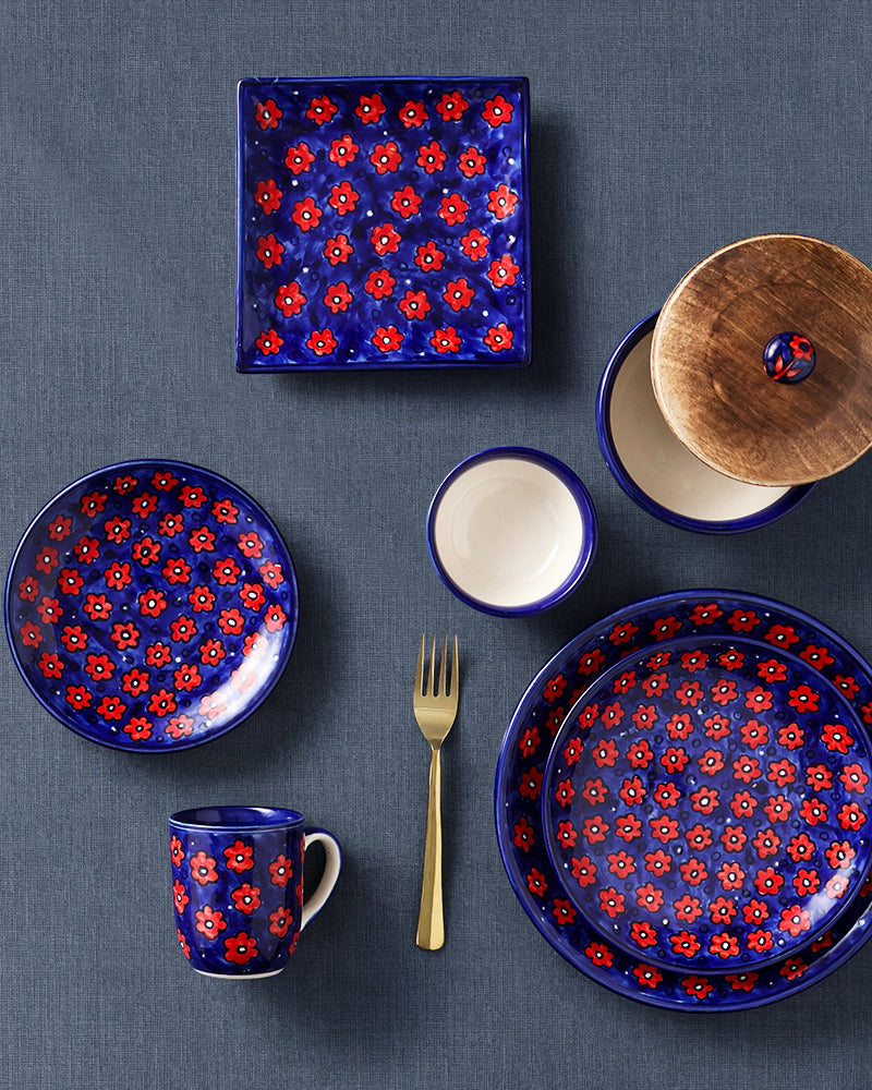 Red and Blue Floral Ceramic Square Serving Platter Set of 2