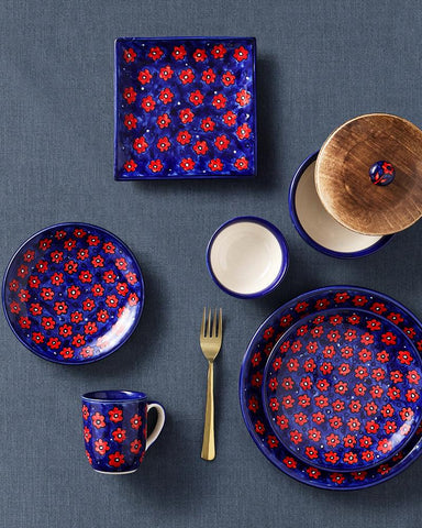 Floral Ceramic Square Serving Platter Set of 2, Blue - Eyaas