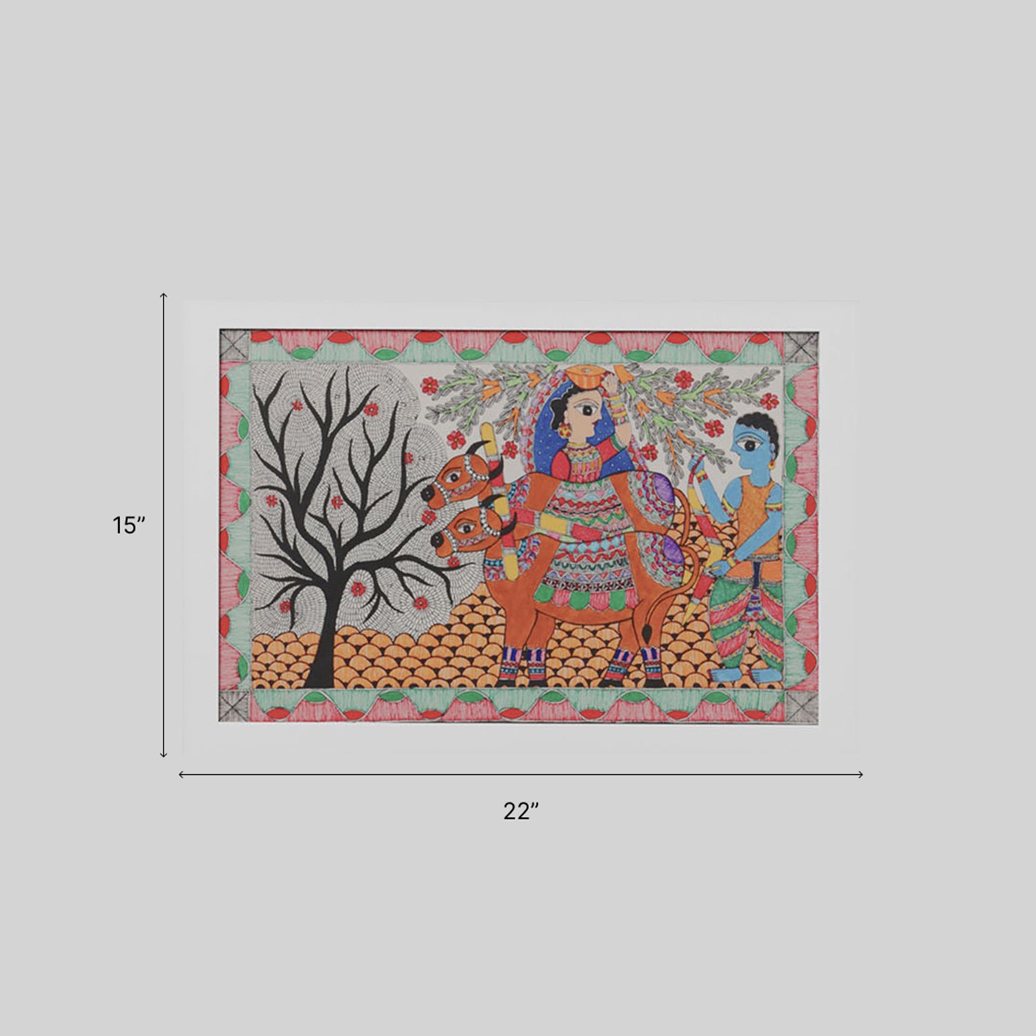 Madhubani Krishna with Cows, 22x15 Inches