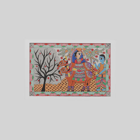 Madhubani Krishna with Cows, 22x15 Inches - Eyaas