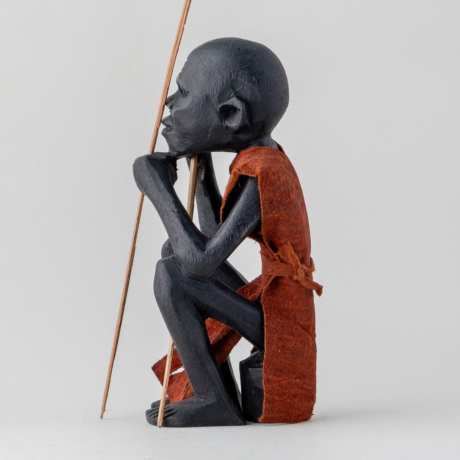 Wooden Sculpture of A Masaai Elder - Brown Clothing - 2.5x2.5x6 Inches