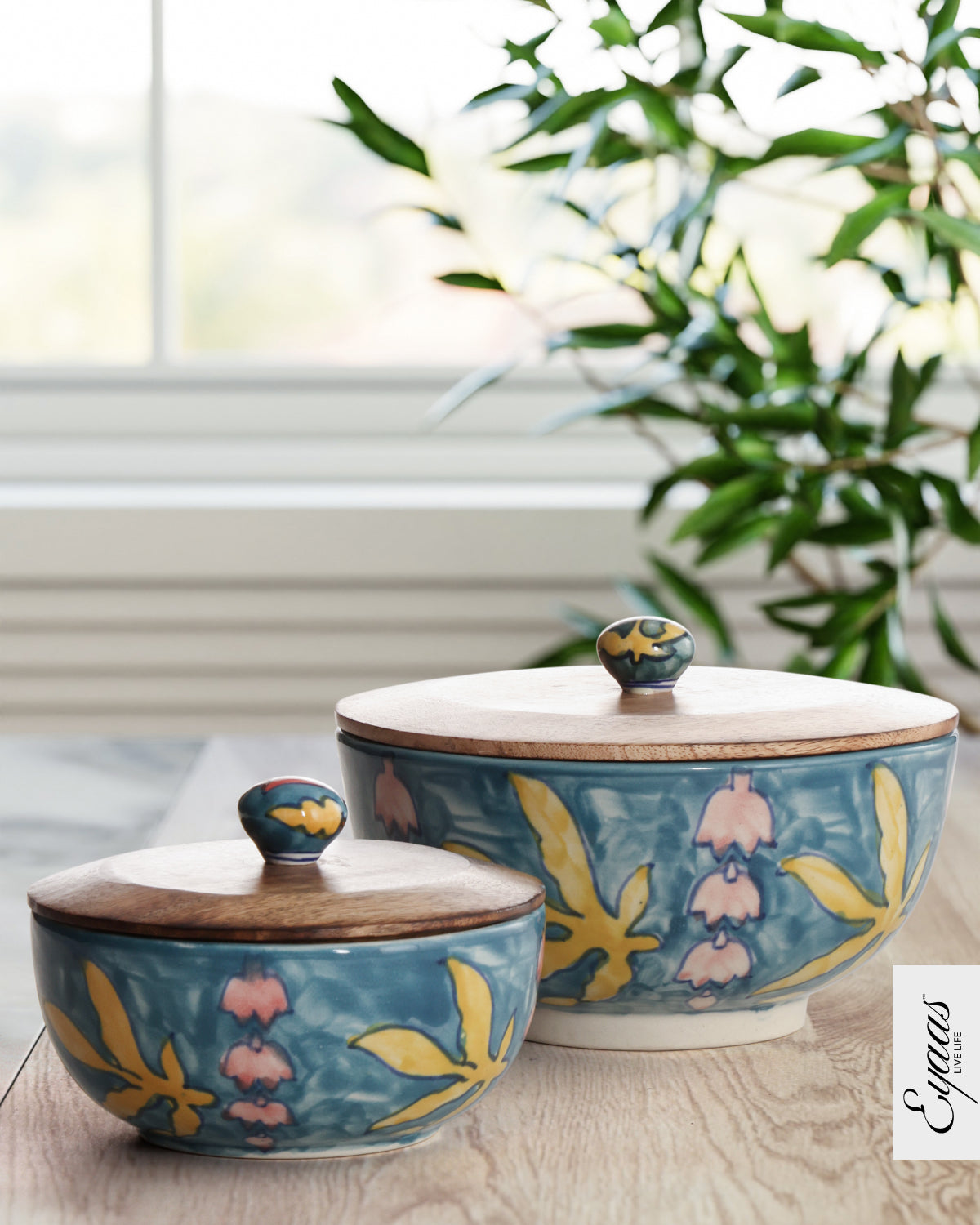 Handpainted Ceramic Bowl with Lid -Set of 2