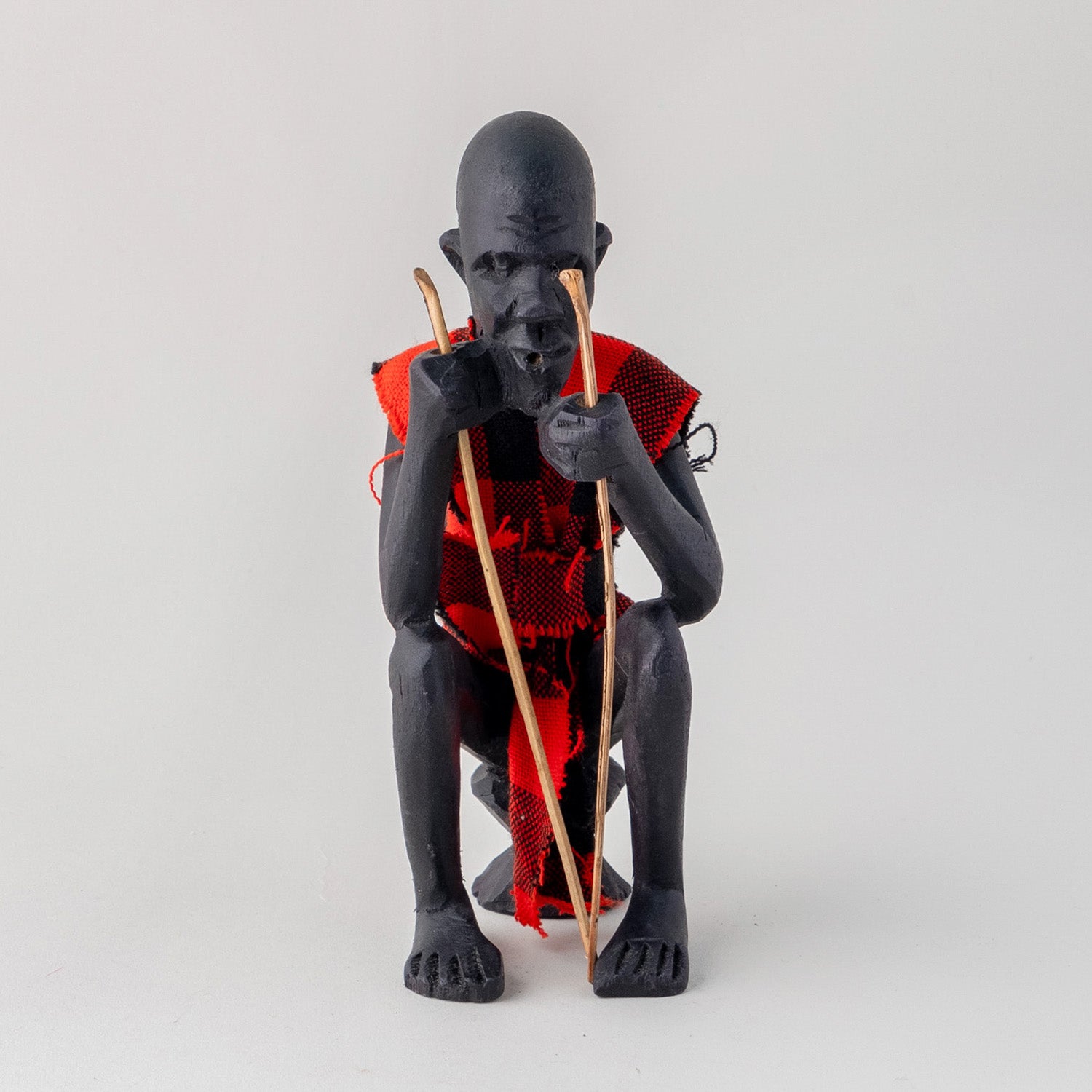 Wooden Statue of A Masai Elder - Checked Clothing - 3x2.5x7 Inches