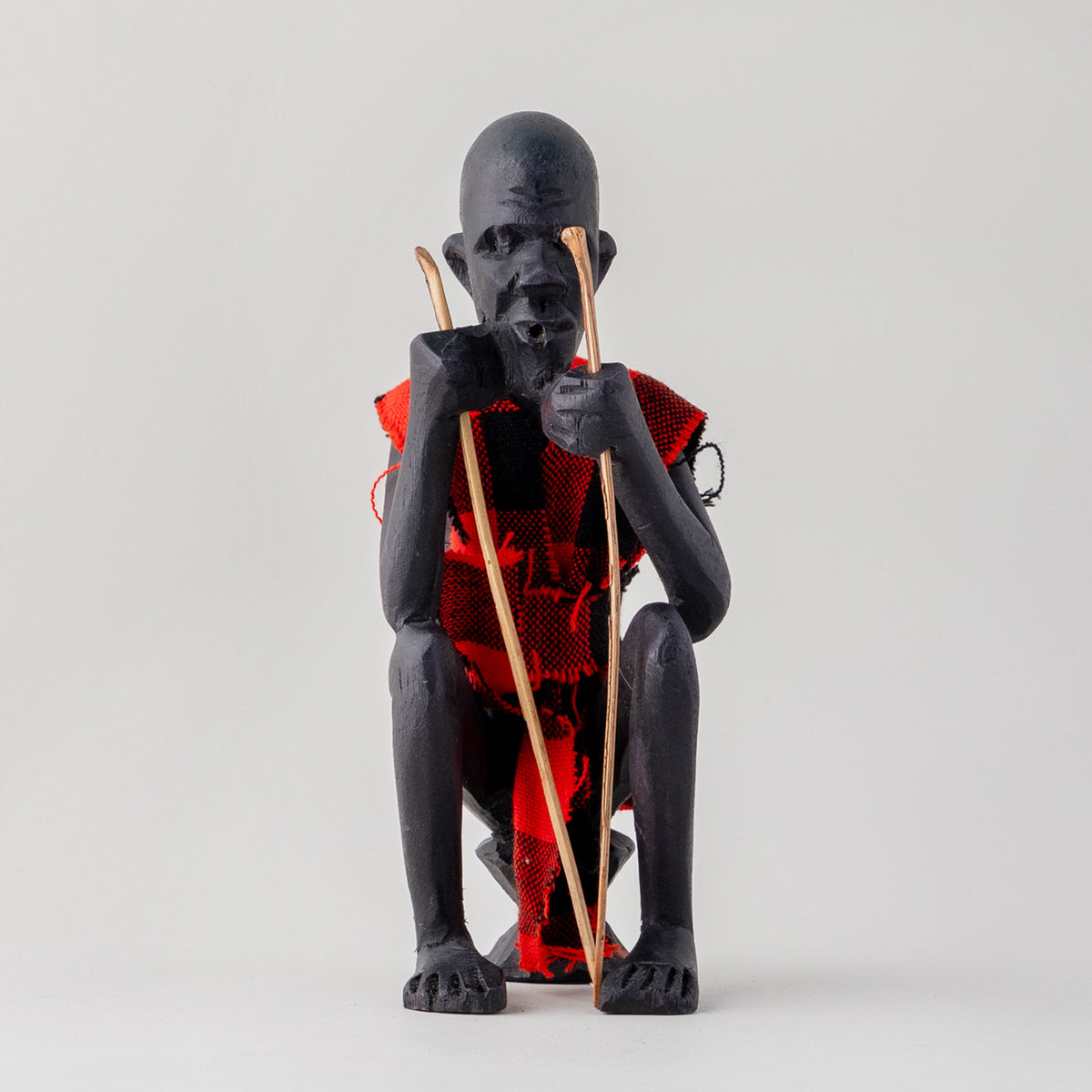 Wooden Statue of  Masai Elder - Checked Dress - 2.5x2.5x6 Inches