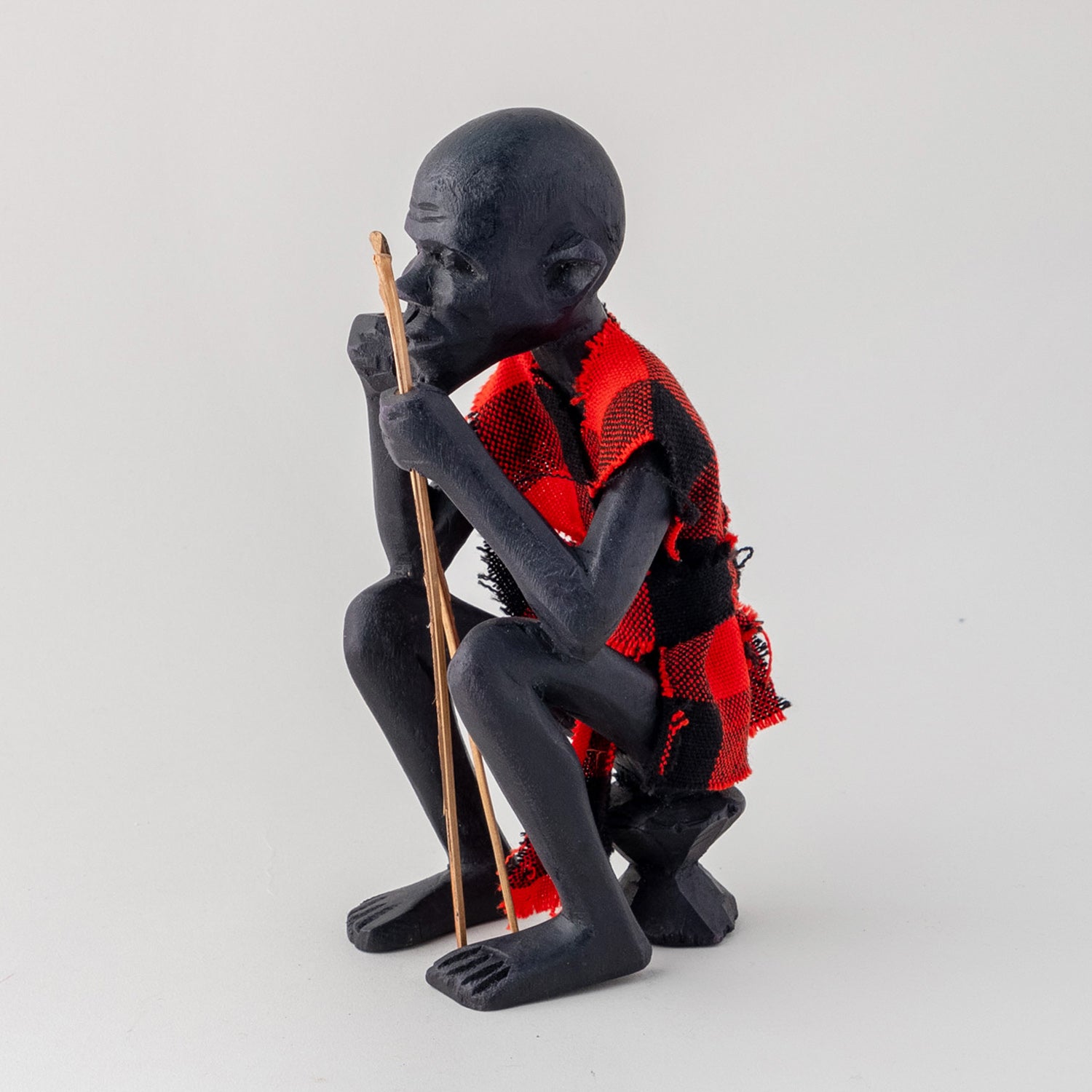 Wooden Statue of A Masai Elder - Checked Clothing - 3x2.5x7 Inches