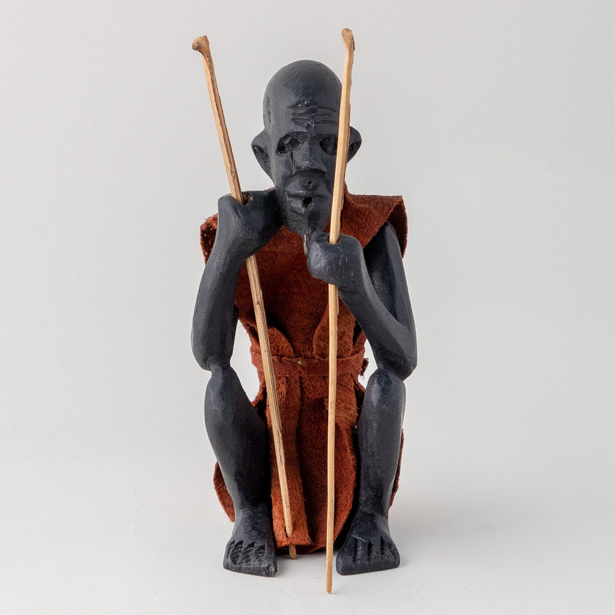 Wooden Sculpture of A Masai Elder - Brown Clothing - 2.5x2.5x6 Inches