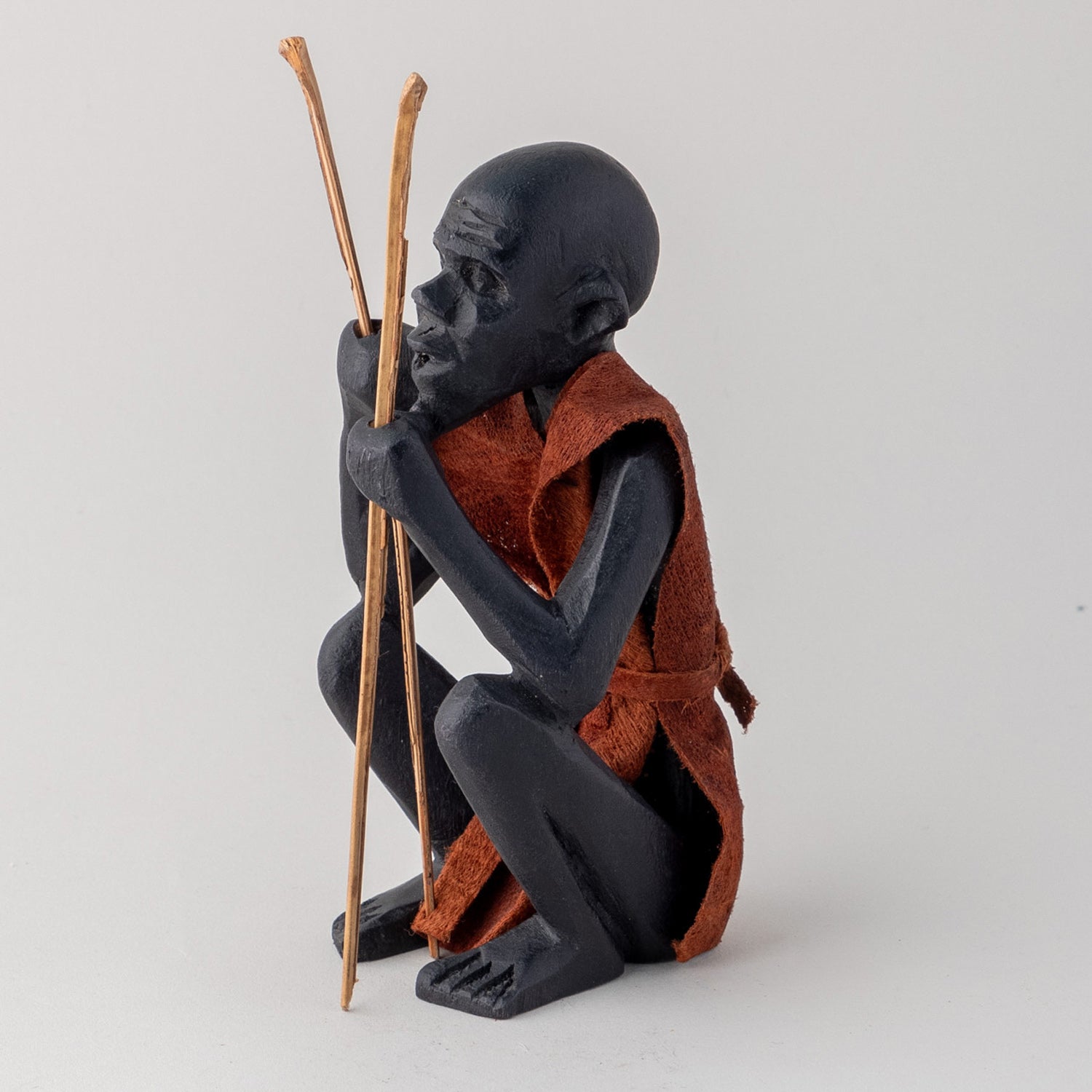 Wooden Sculpture of A Masai Elder - Brown Clothing - 2.5x2.5x6 Inches