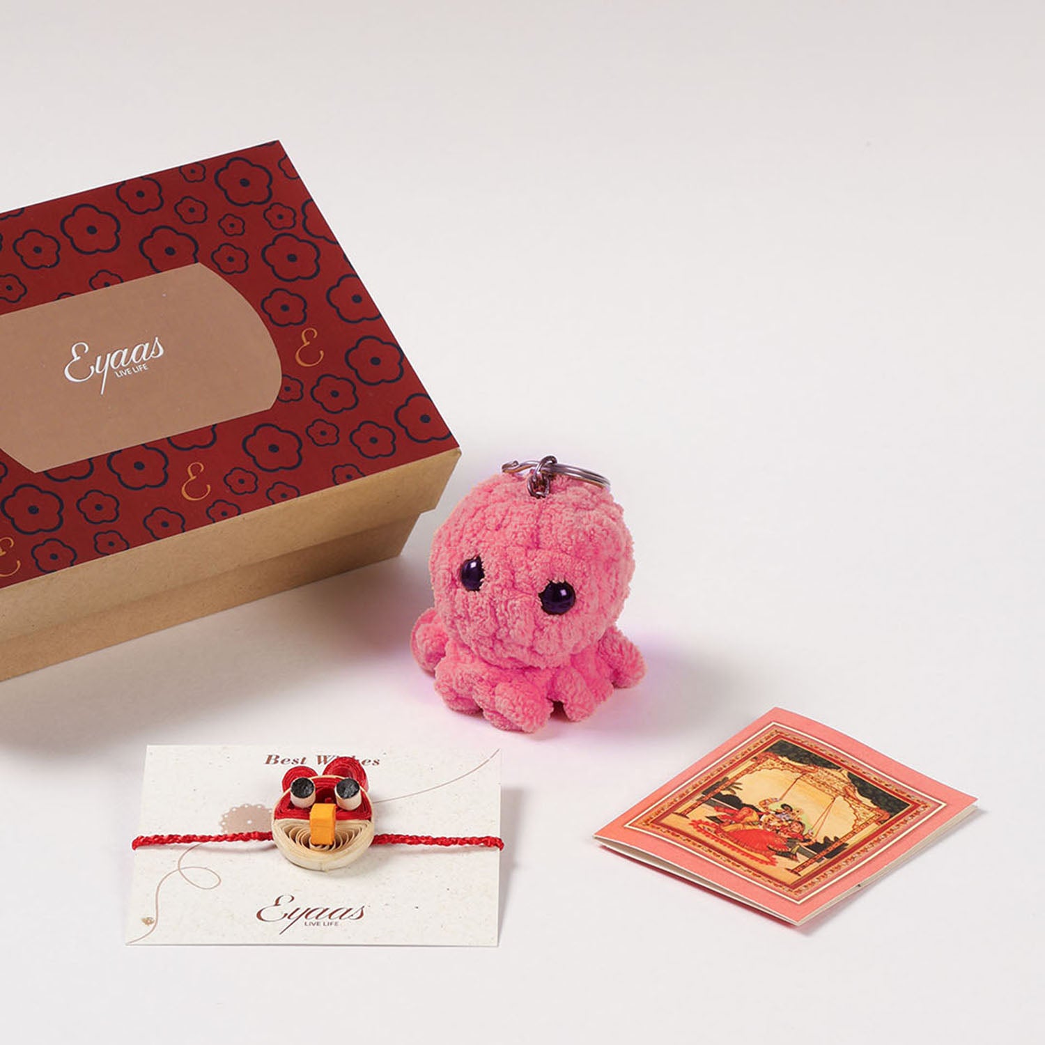 1 Quilled Rakhi, Crochet Toy & Roli Tika Gift Set, Bird