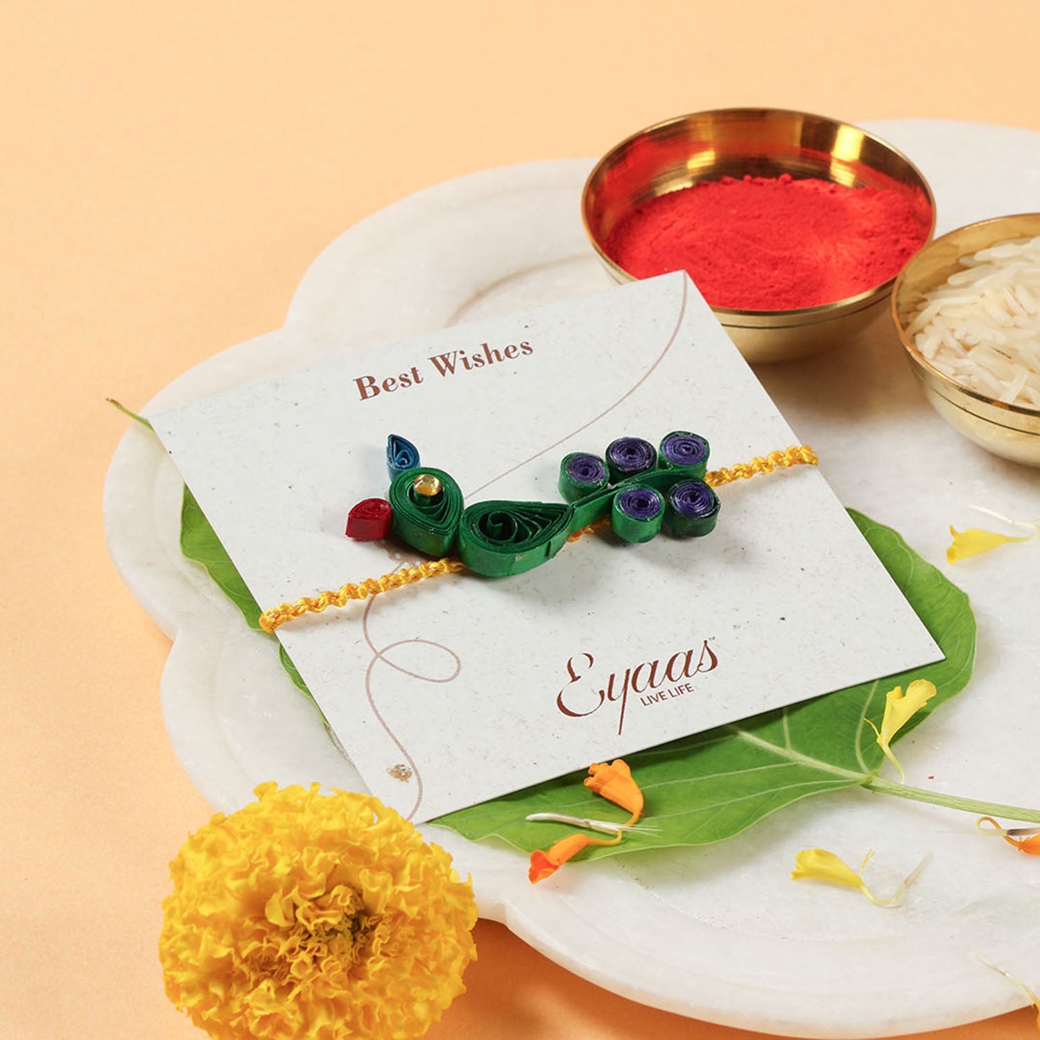 1 Quilled Rakhi, Crochet Toy & Roli Tika Gift Set, Peacock