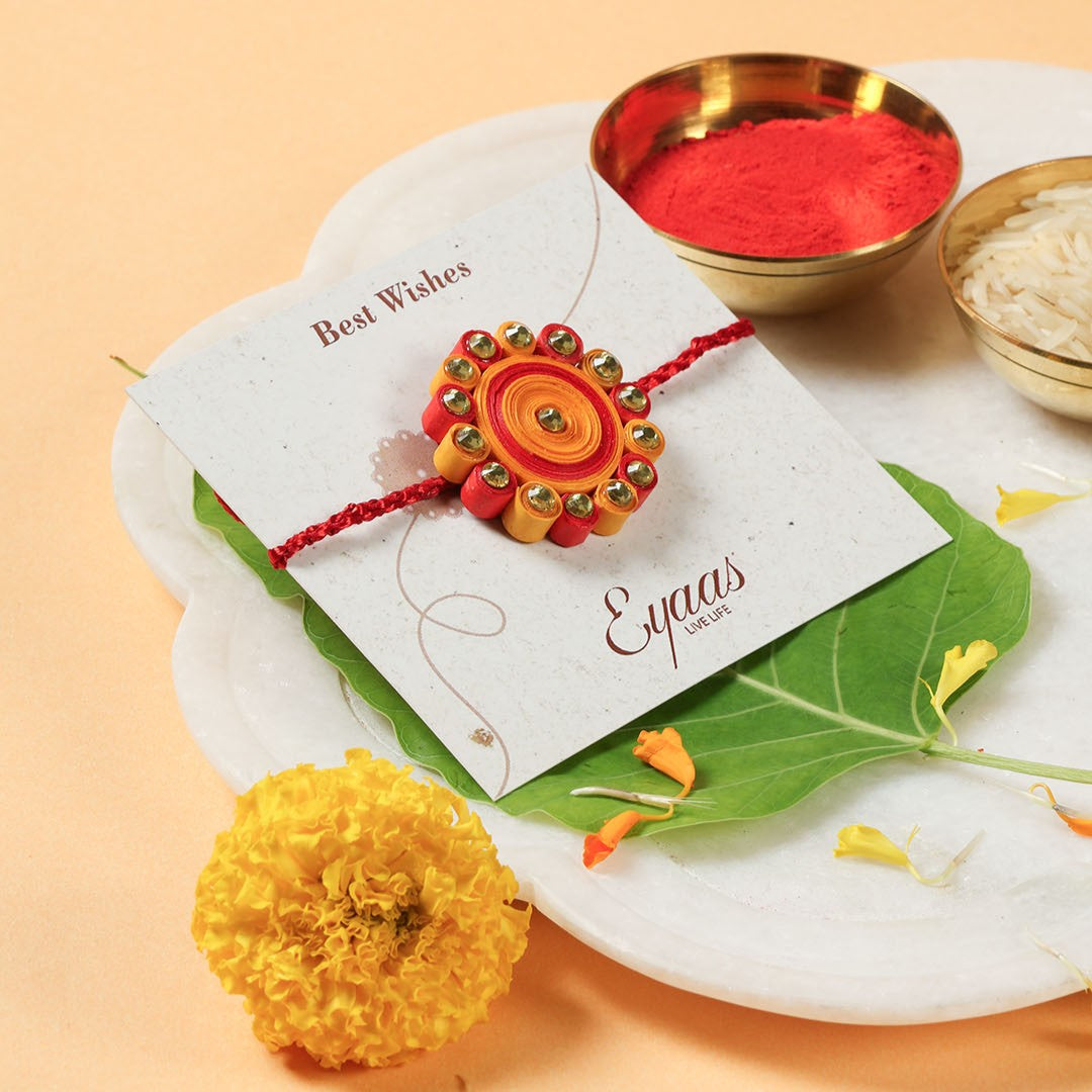 1 Quilled Rakhi, Crochet Toy & Roli Tika Gift Set, Flower