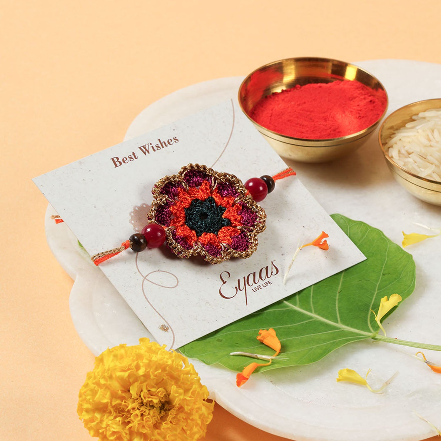 1 Crochet Rakhi, Crochet Toy & Roli Tika Gift Set, Sunflower