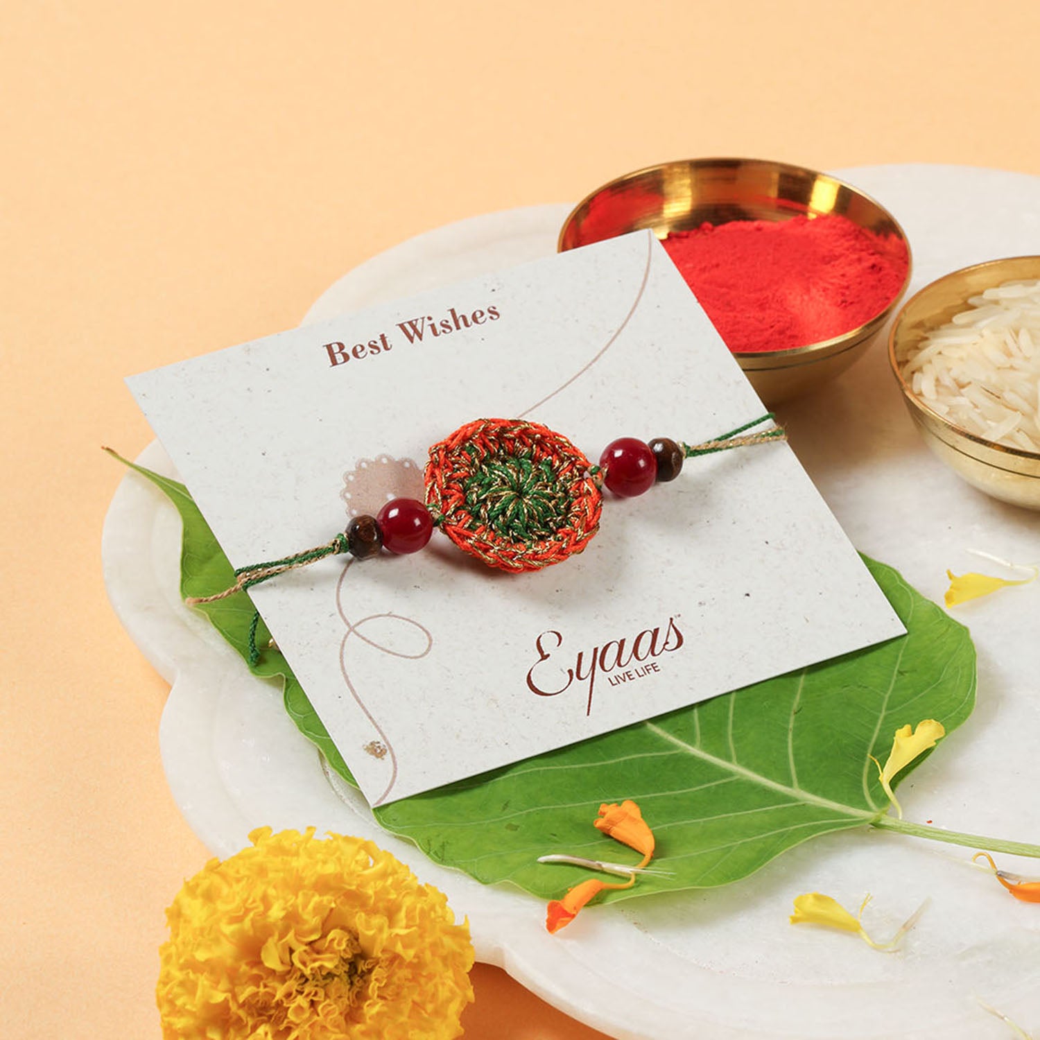 1 Crochet Rakhi, Crochet Toy & Roli Tika Gift Set, Flower
