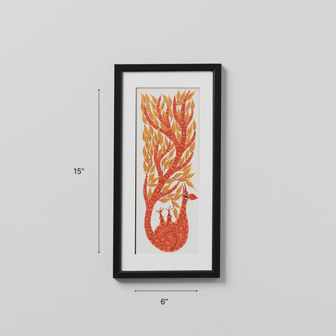 Peacock Tree of Life - Bhil Painting, Orange - Eyaas