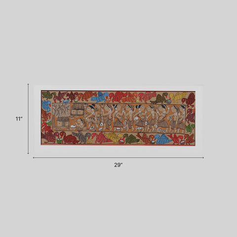 Santhal Painting Celebration of village, 29x11 Inches - Eyaas