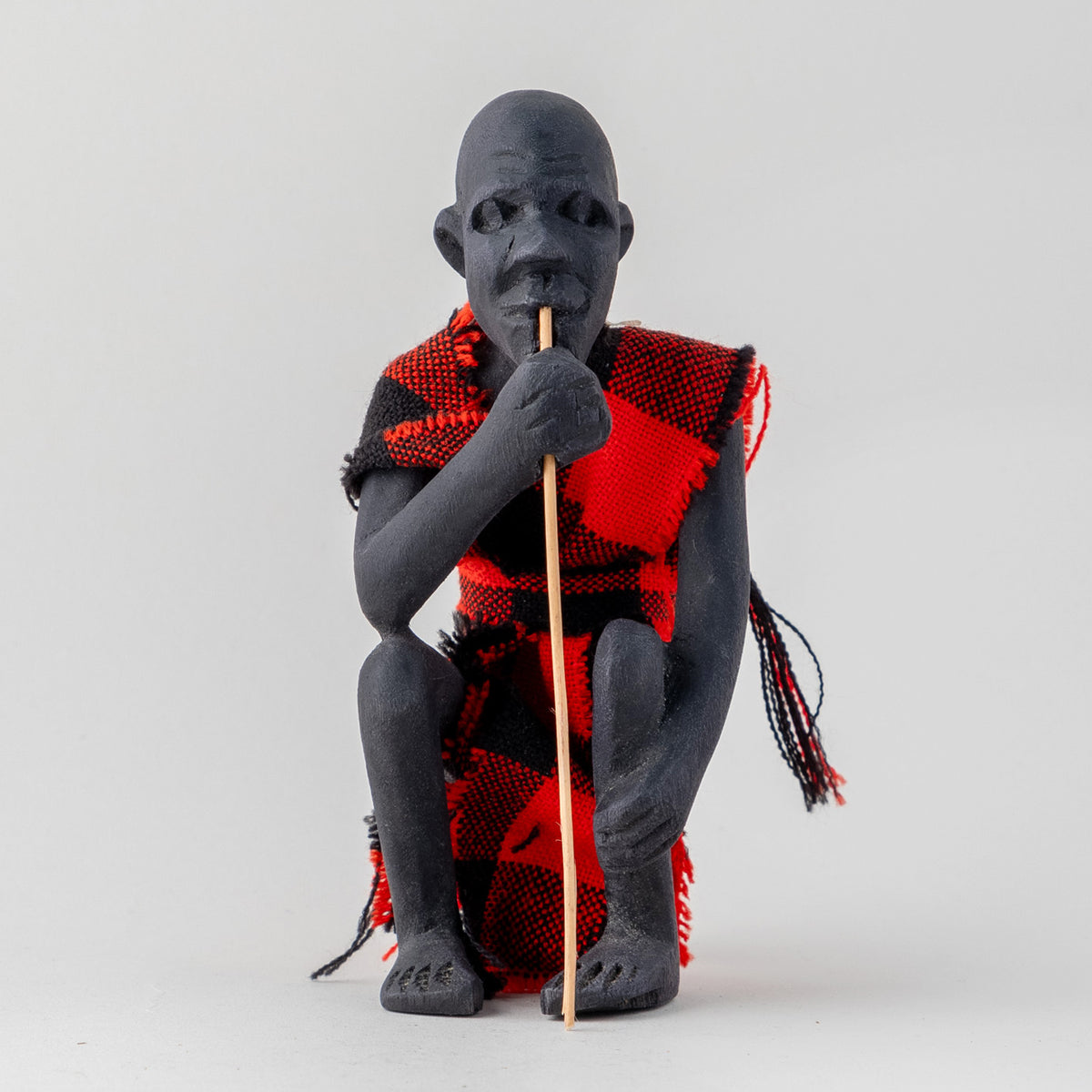 Wooden Statue of A Masai Elder - Checked Clothing - 1.5x2.5x6 Inches