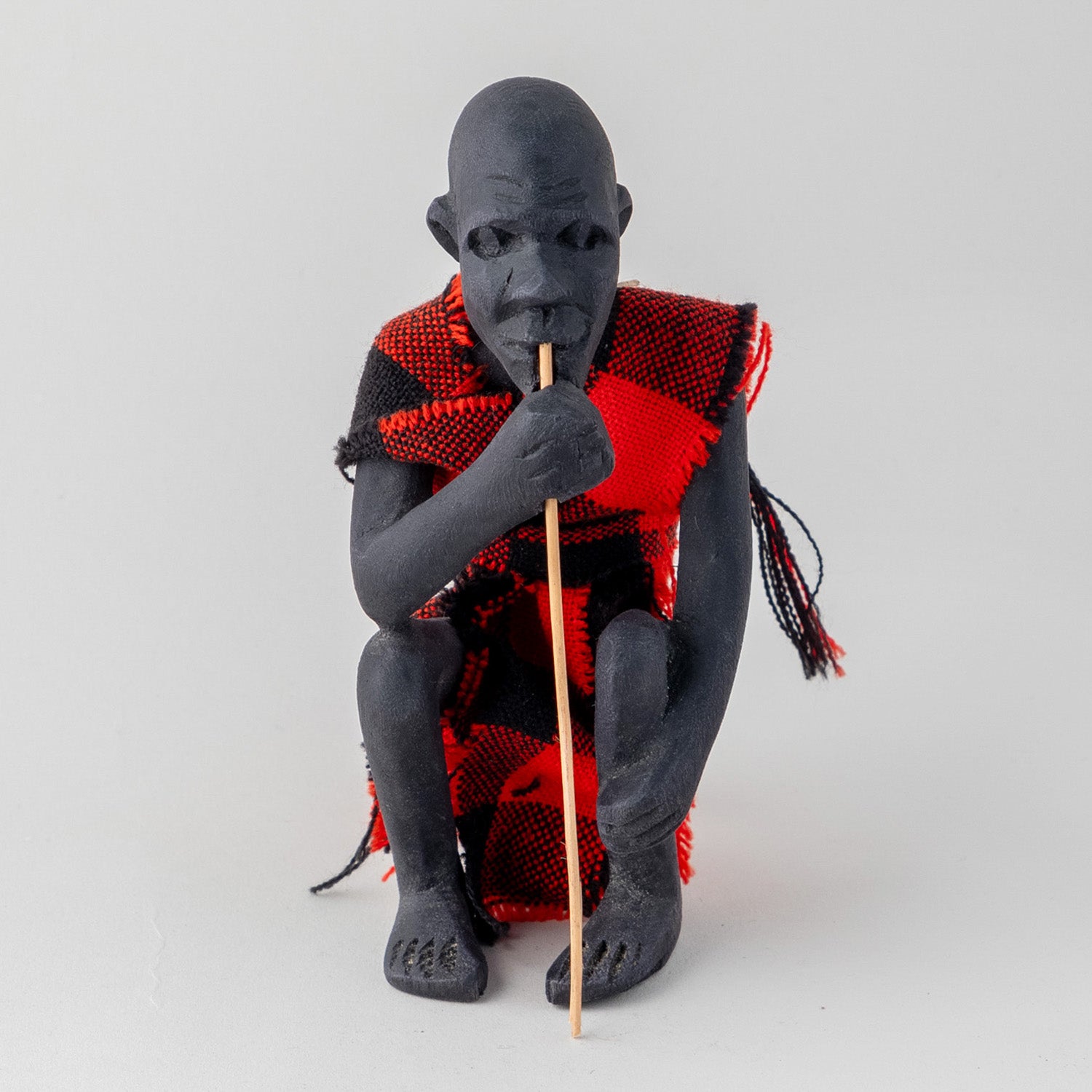 Wooden Statue of A Masai Elder - Checked Clothing - 1.5x2.5x6 Inches