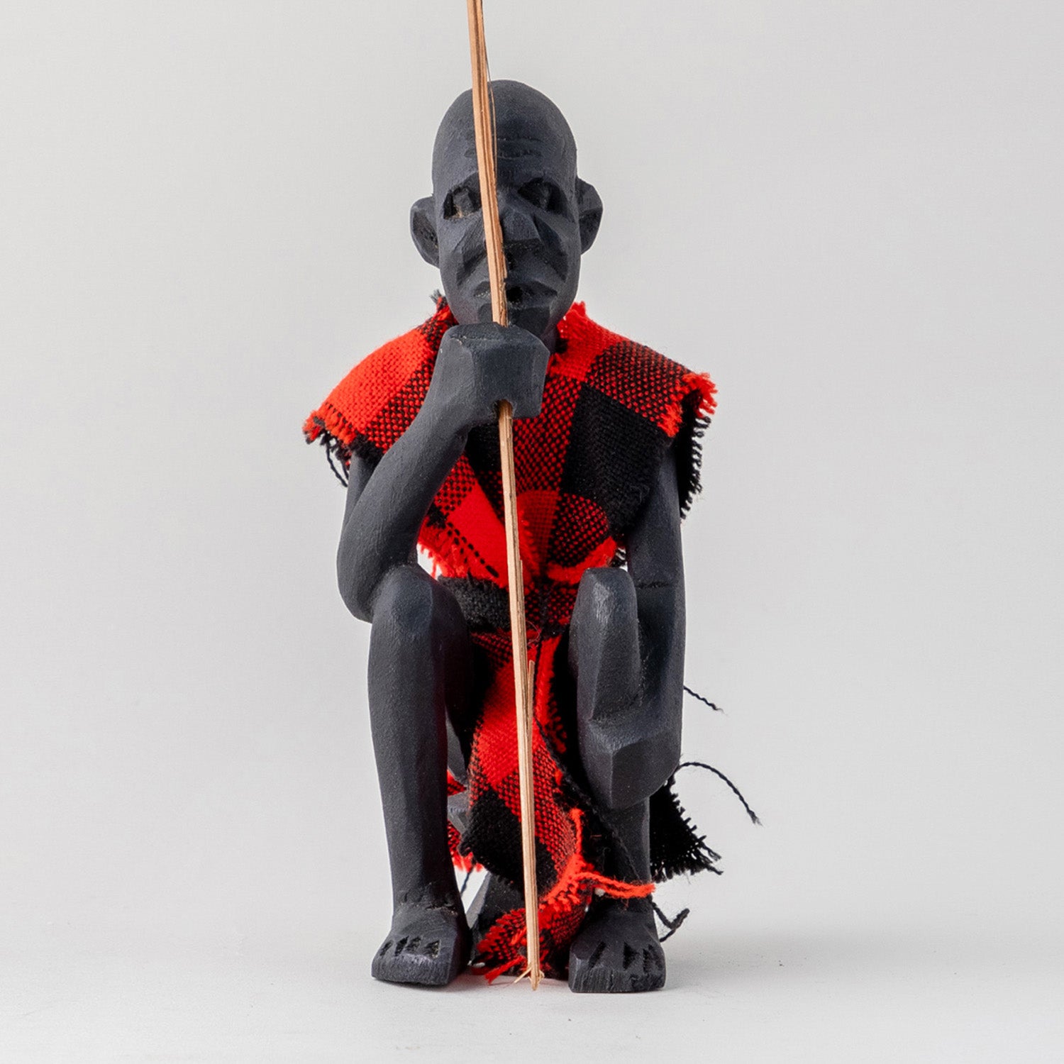 Wooden Statue of A Masai Man Checked Clothing - 3x2x6 Inches