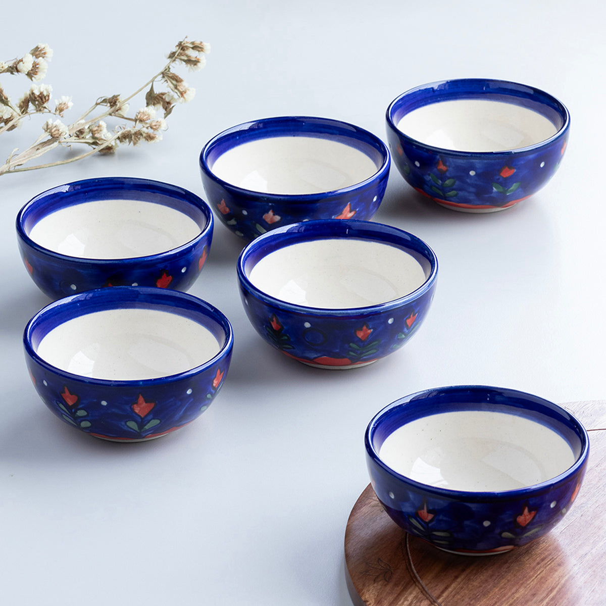 Blooming Plants Red & Blue Ceramic Katori Bowl / Portion Bowl