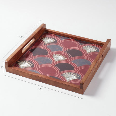 Square Sheesham Wood & Gota Work Ajrakh Tray