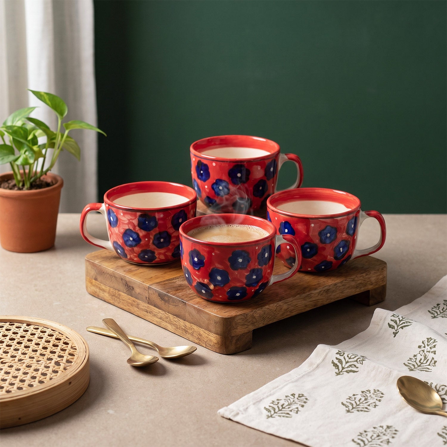 Floral Ceramic Soup Bowl Style Mug Set, Red