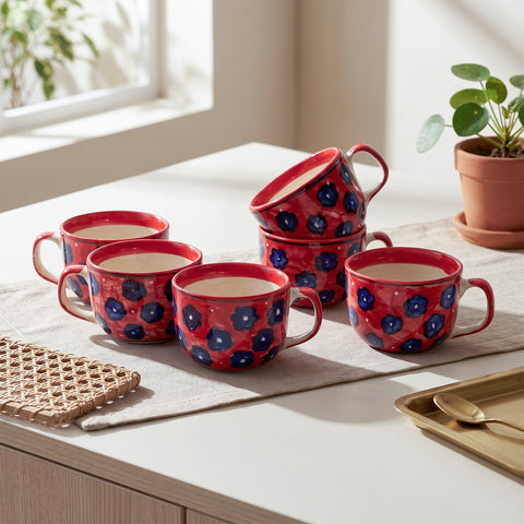 Floral Ceramic Soup Bowl Style Mug Set, Red