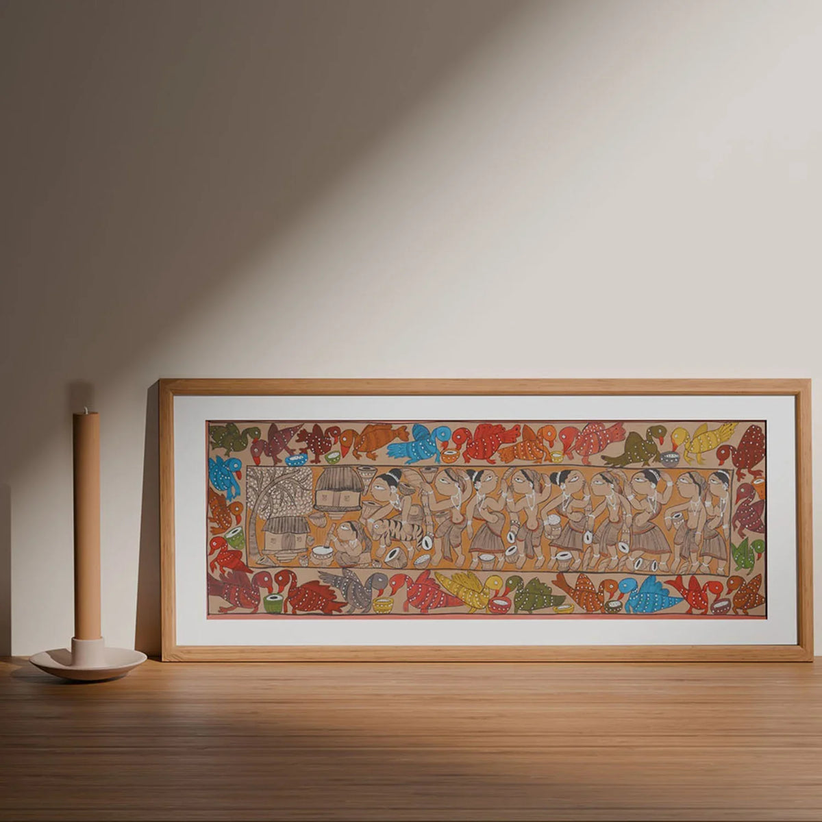 Santhal Painting Celebration of village, 29x11 Inches - Eyaas