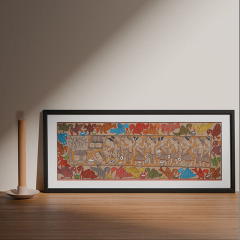 Santhal Painting Celebration of village, 29x11 Inches - Eyaas
