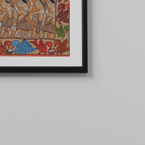 Santhal Painting Celebration of village, 29x11 Inches - Eyaas