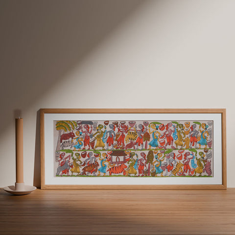 Santhal Painting Festival Celebration, 29x11 Inches - Eyaas