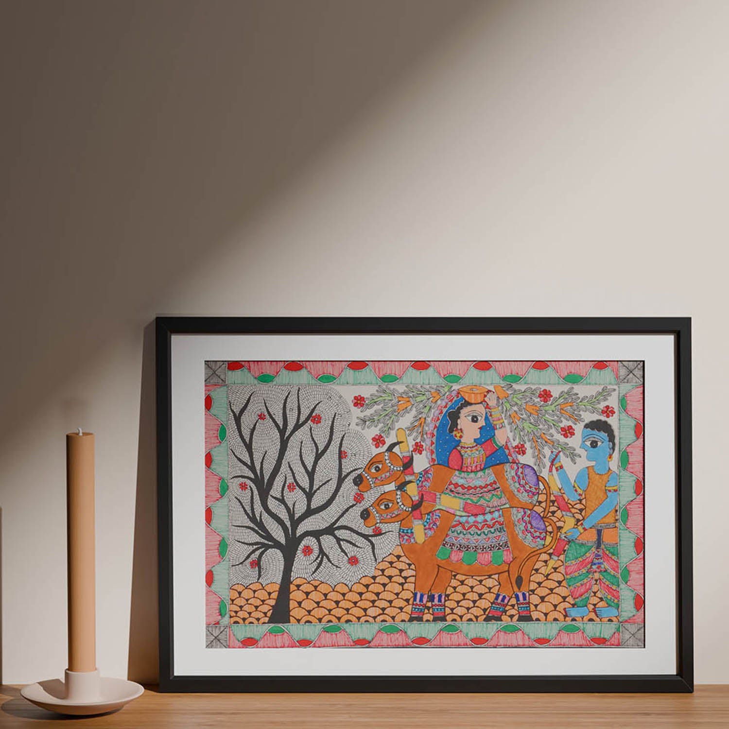 Madhubani Krishna with Cows, 22x15 Inches