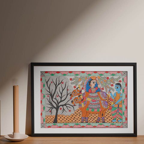 Madhubani Krishna with Cows, 22x15 Inches - Eyaas