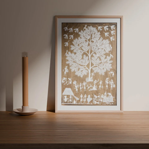 Busy Day Warli Tree of Life Painting, 17x21 - Eyaas