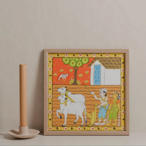 Cheriyal Painting Bull on Field 11.5x11.5 - Eyaas