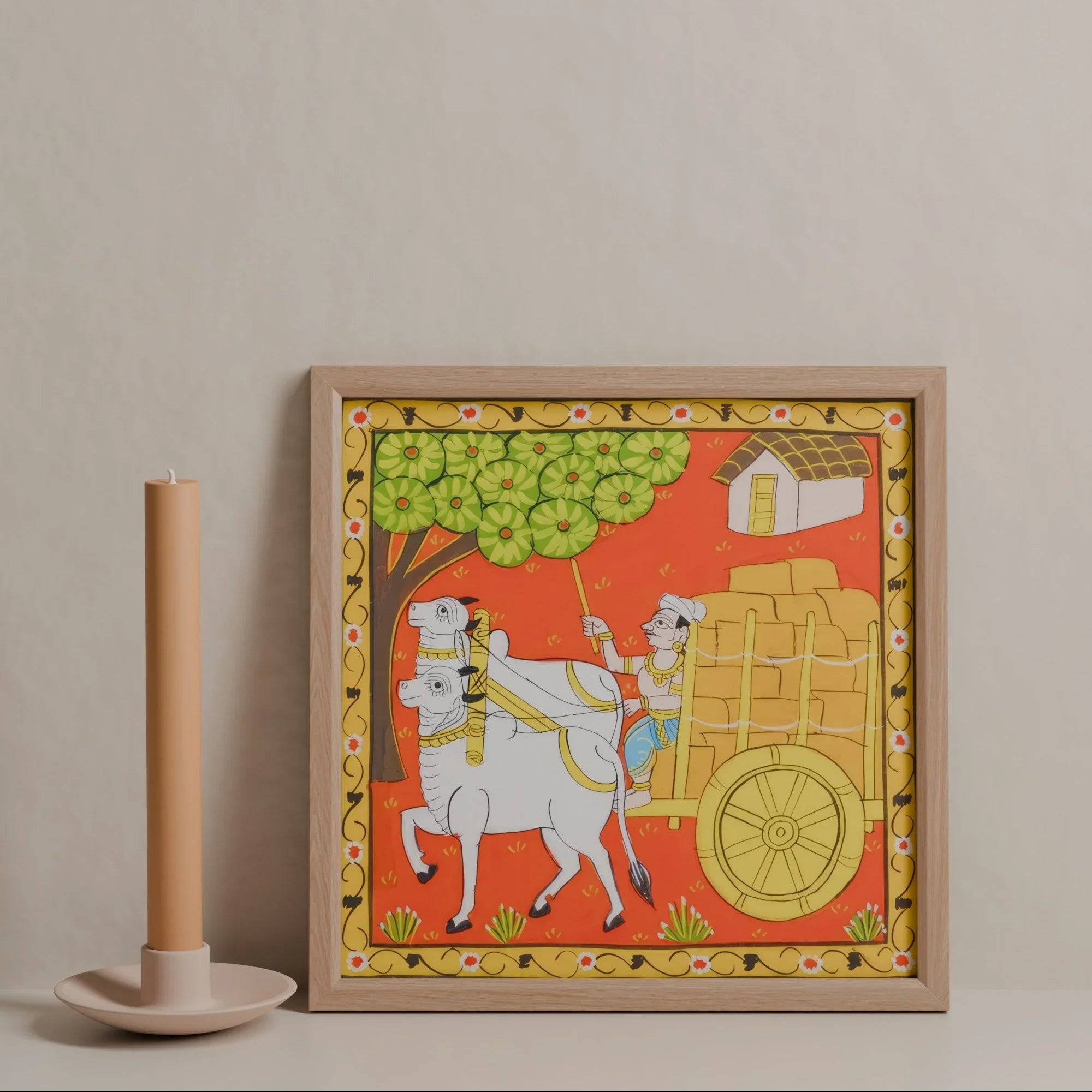 Cheriyal Painting Man Riding Bullock Cart 11.5x11.5 - Eyaas