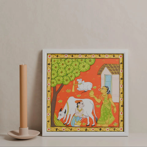 Cheriyal Painting Milking Cow 11.5x11.5 - Eyaas