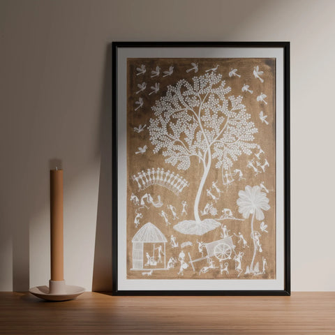 Festive Warli Tree of Life Wall Painting, 15x22 - Eyaas