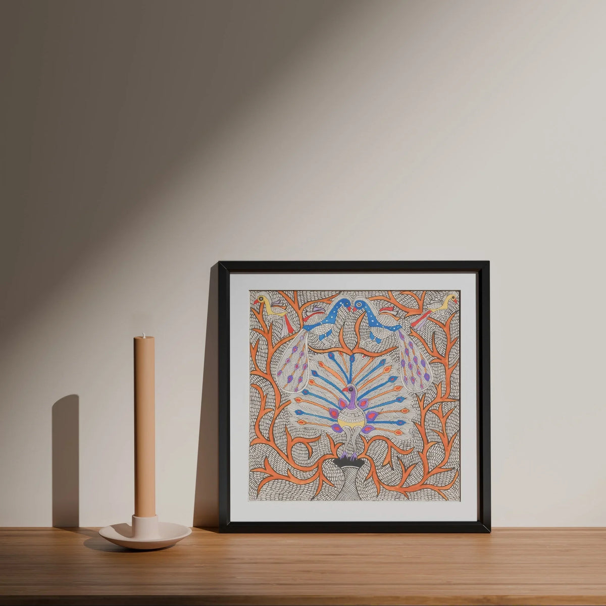 Madhubani Painting - Peacock in Tree of Life 10x10 - Eyaas