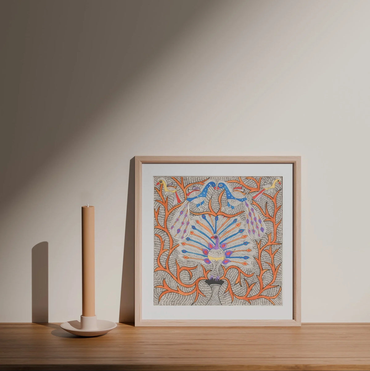 Madhubani Painting - Peacock in Tree of Life 10x10 - Eyaas