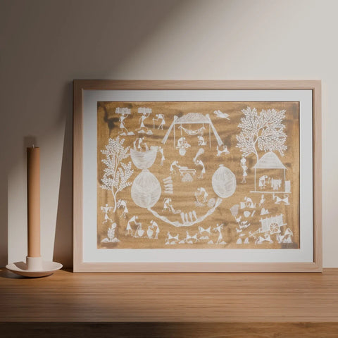 Warli Painting Crop Harvest & Granary - 16x22 - Eyaas