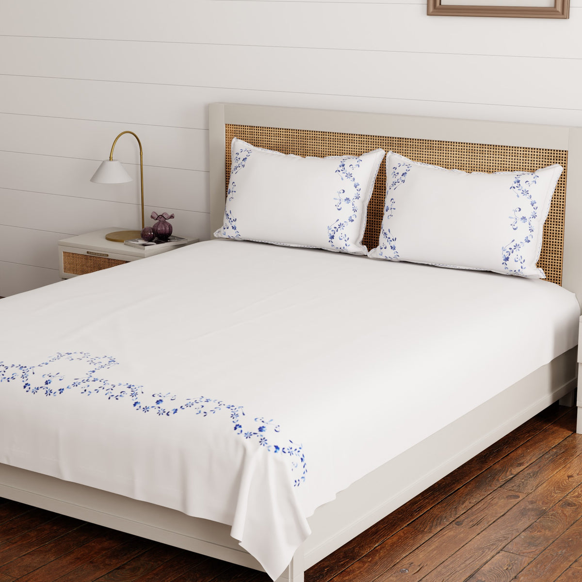 Hand Embroidered Bed Cover - White/Blue