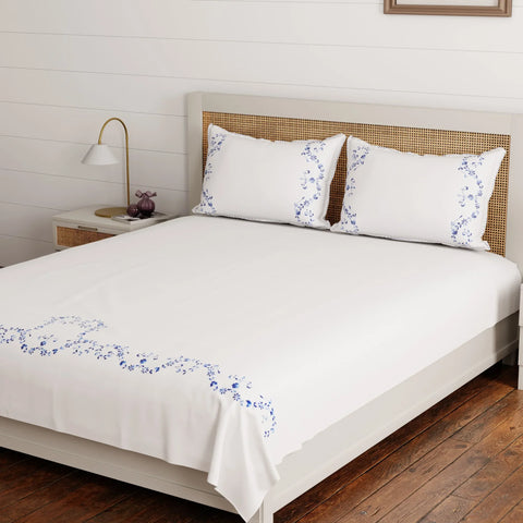 Hand Embroidered Bed Cover - White/Blue - Eyaas