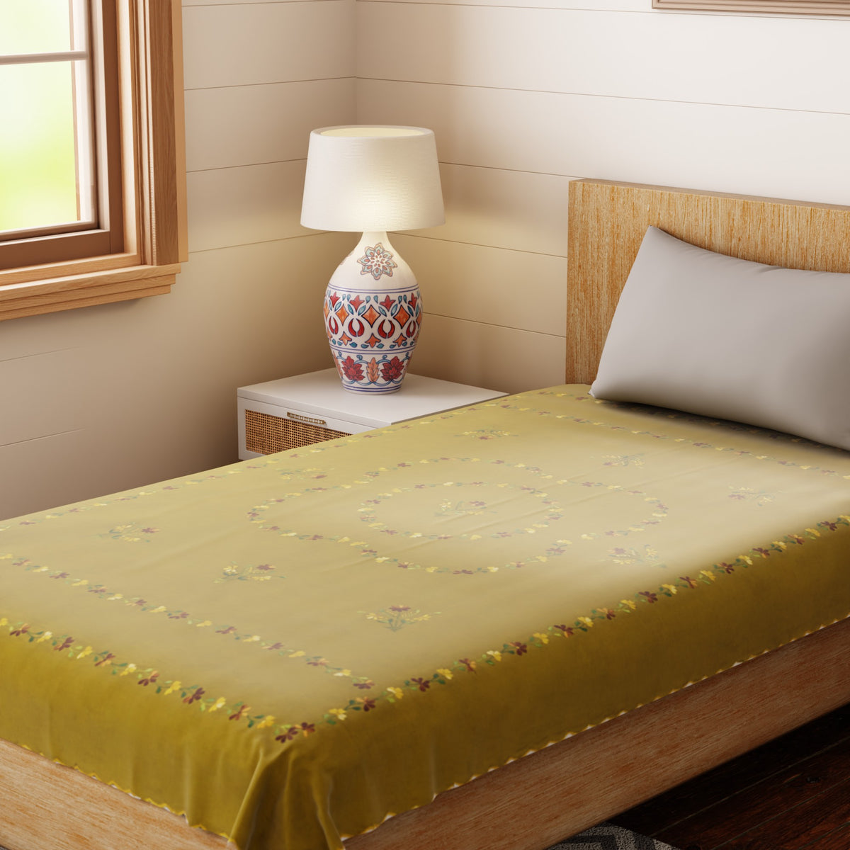 Hand Embroidered Single Bed Cover - Olive/Brown