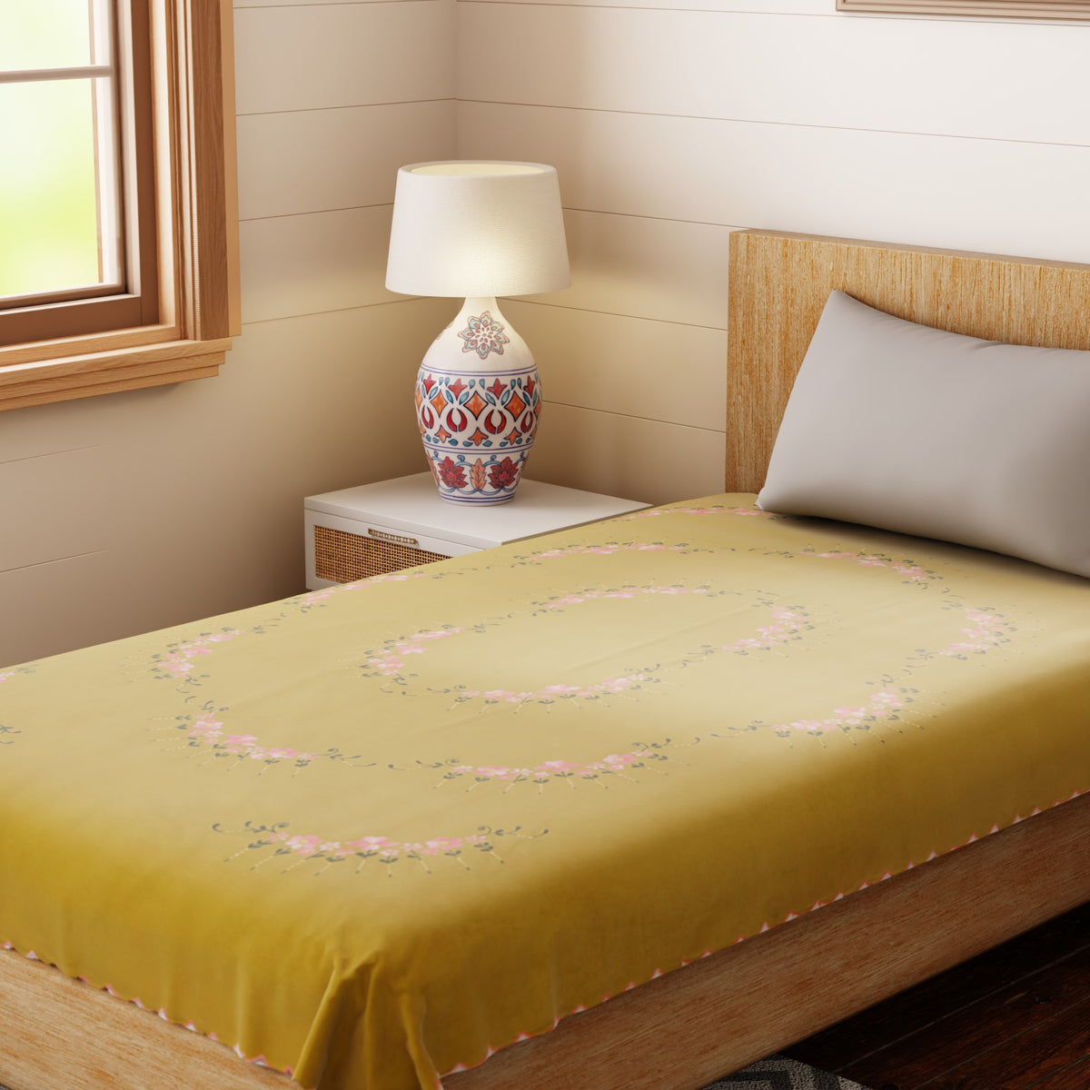 Hand Embroidered Single Bed Cover - Olive/Pink