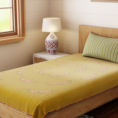 Hand Embroidered Single Bed Cover - Olive/Pink