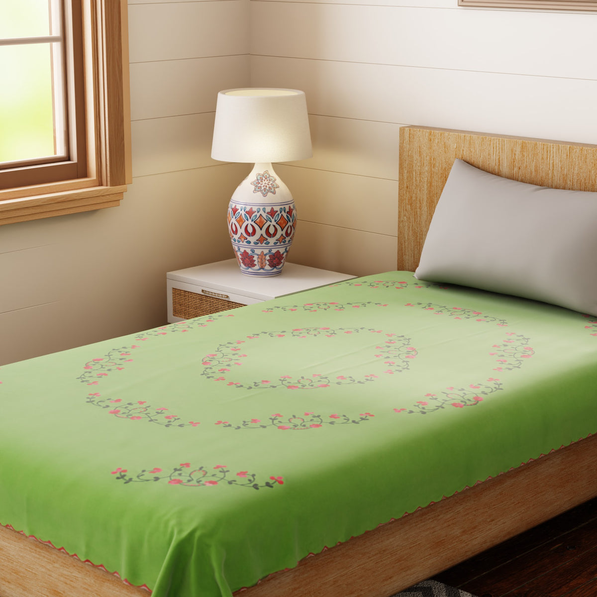 Hand Embroidered Single Bed Cover - Green