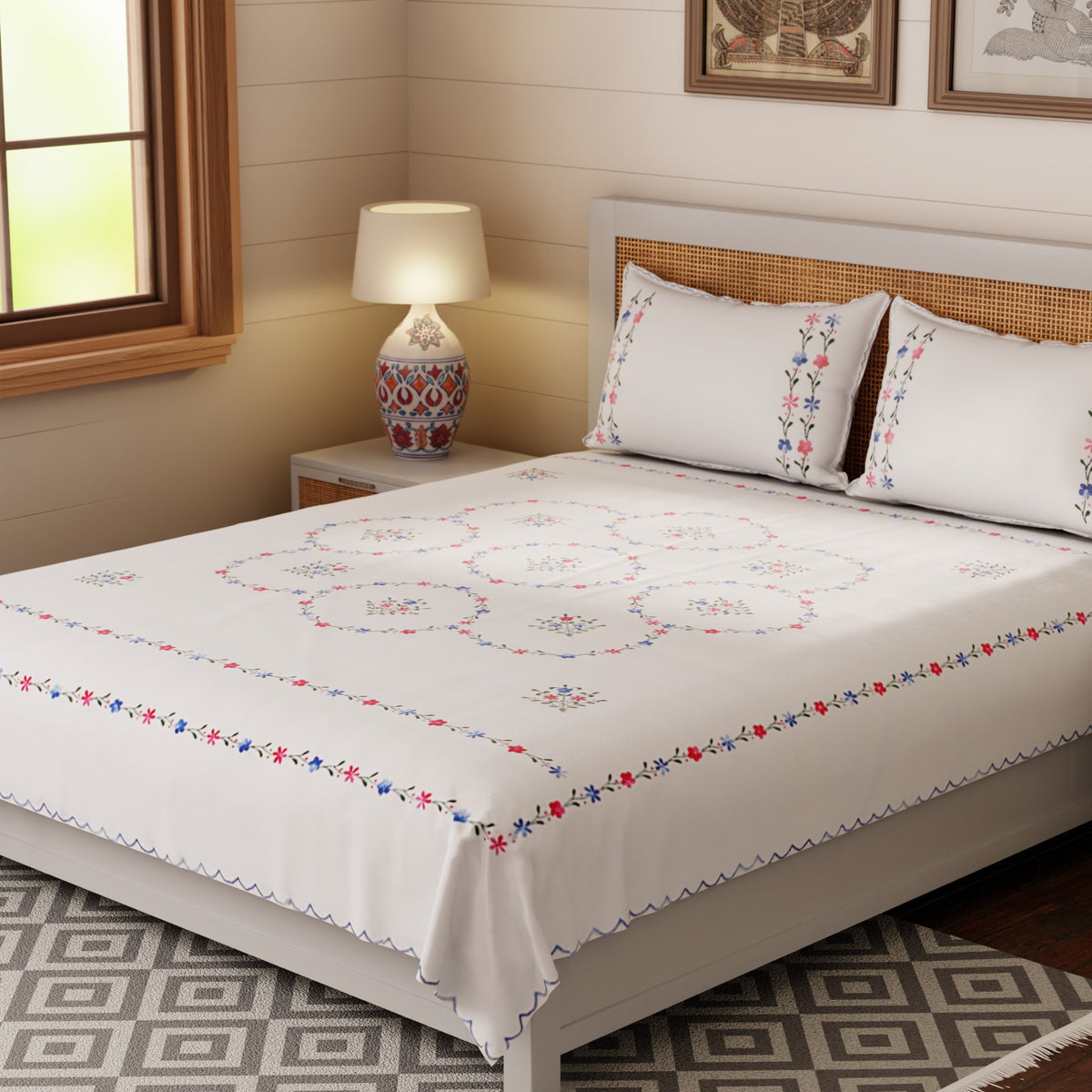 Hand Embroidered Bed Cover - White