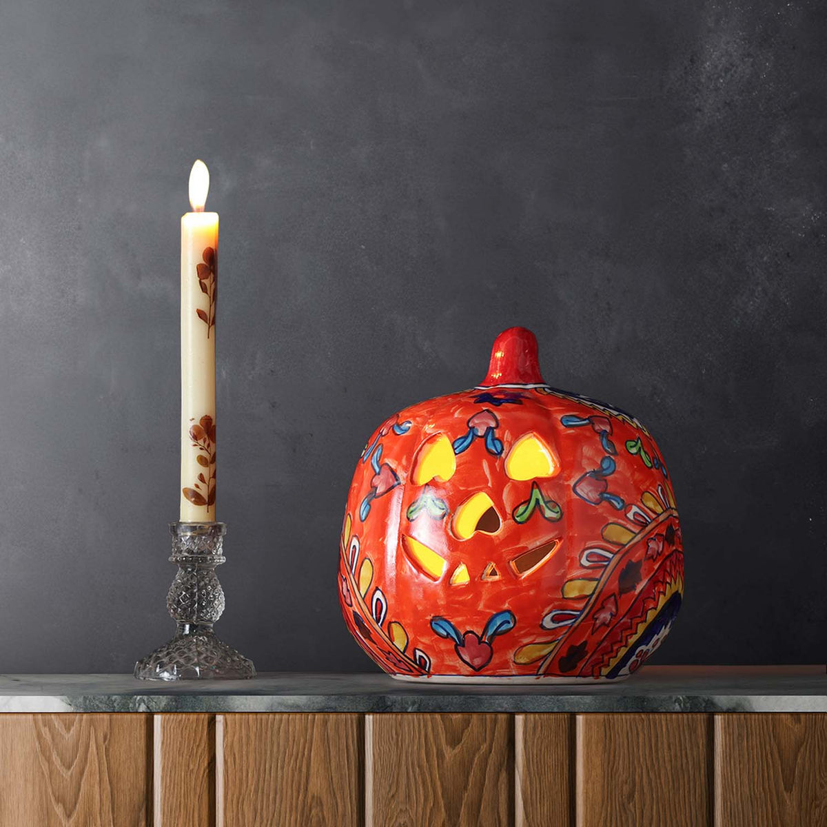 Ceramic Pumpkin Tea Light Candle Holder, Orange, 8x9